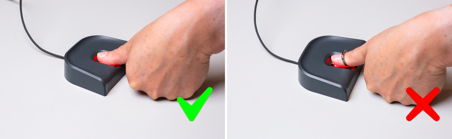Deze afbeelding laat zien dat het niet toegestaan is om sieraden om je duim te dragen als je een vingerafdruk laat afnemen
