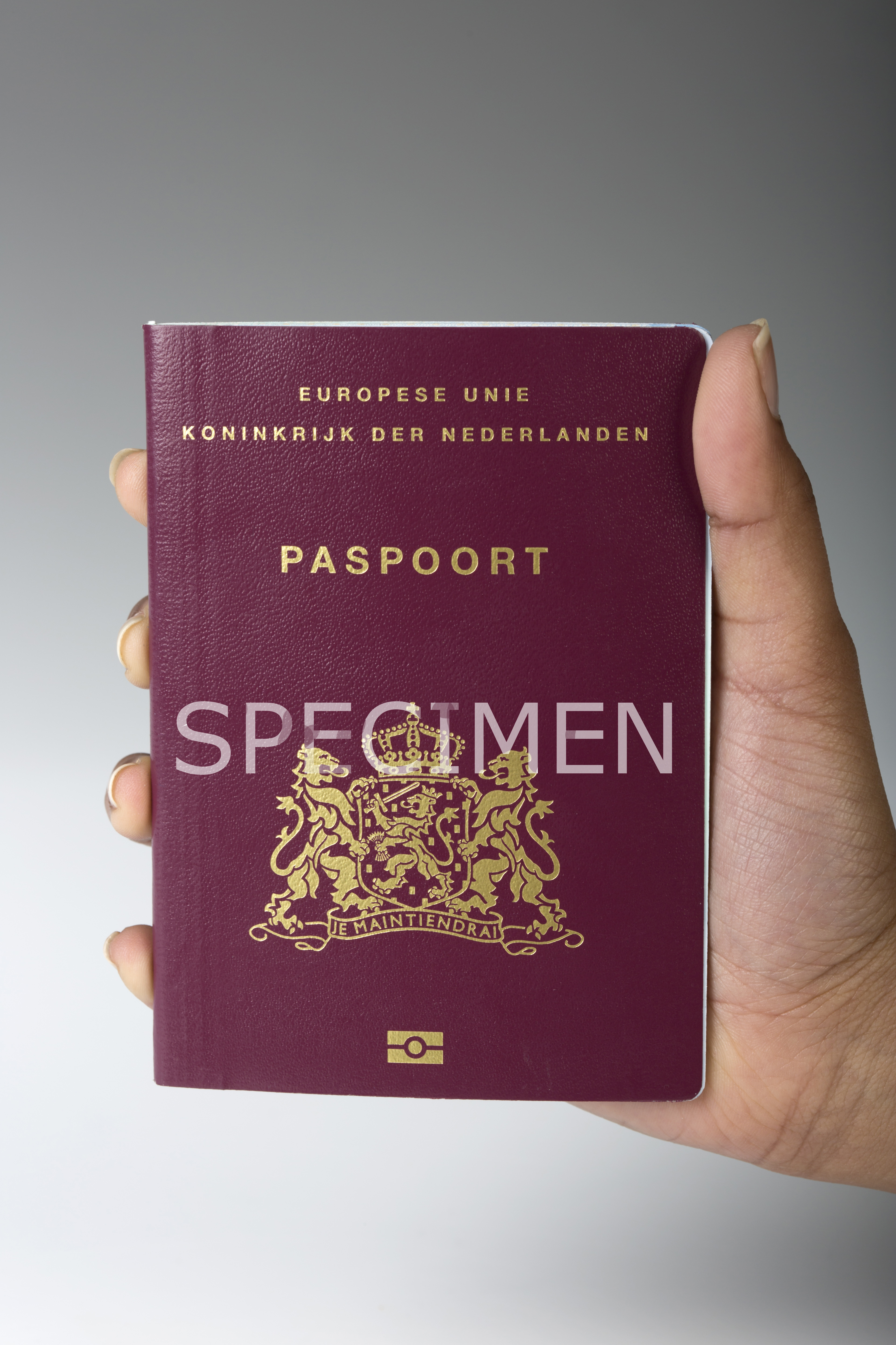 Een foto van een Nederlands paspoort model 2014. Over de foto heen staat specimen geschreven
