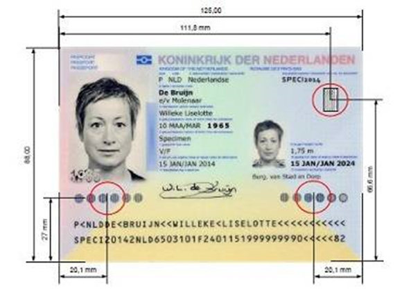 Een afbeelding waarop te zien is waar ponsgaten geplaatst moeten worden om een paspoort ongeldig te maken