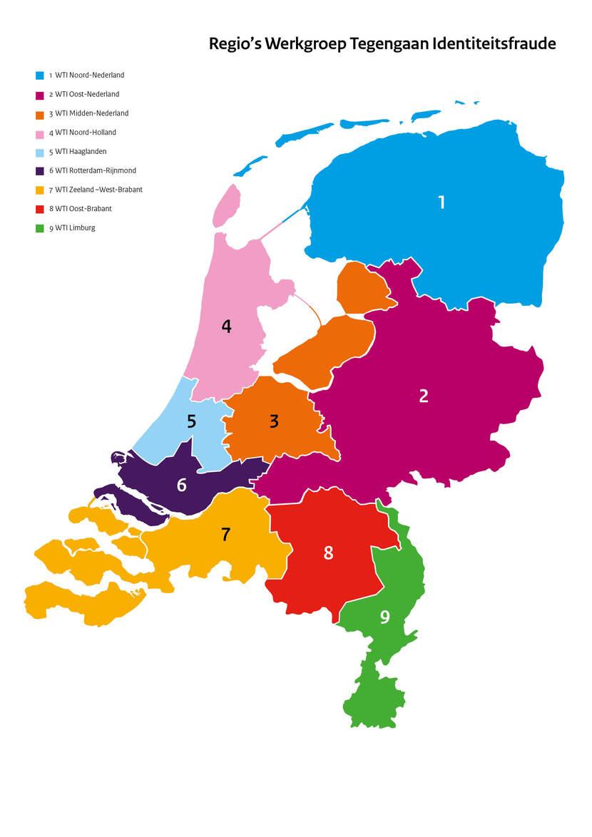 Kaart van Nederland - indeling regios-werkgroep-tegengaan-identiteitsfraude-wti