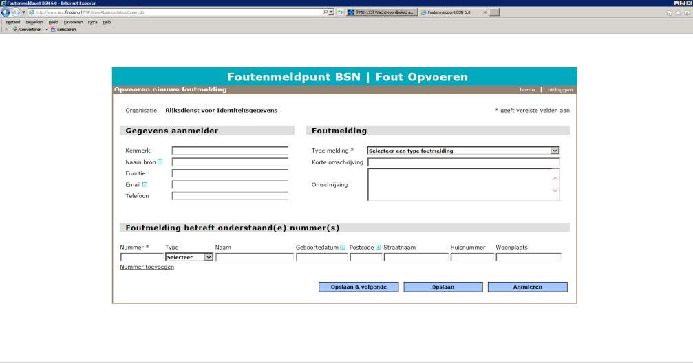 Een schermafbeelding van het foutenmeldpunt bsn