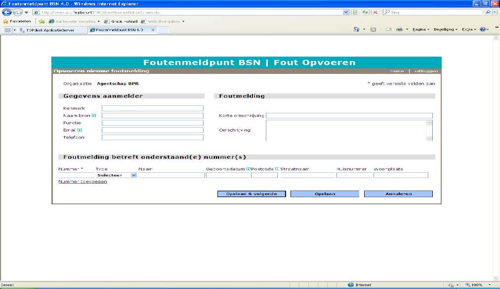 Scherm opvoeren nieuwe melding foutenmeldpunt BSN