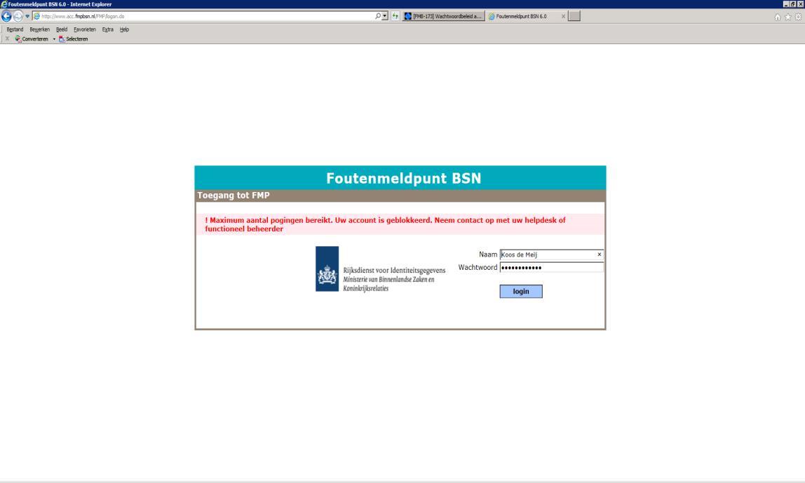 Een schermafbeelding van een geblokkeerde gebruiker bij het foutenmeldpunt bsn