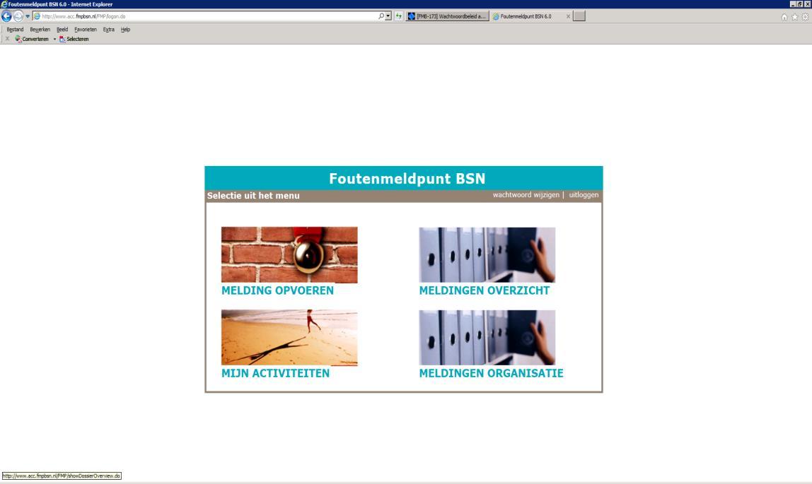 Een schermafbeelding van het hoofdmenu van het foutenmeldpunt bsn