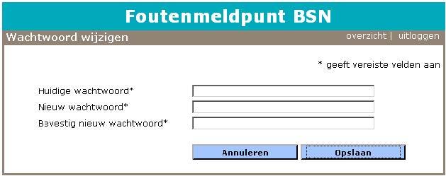 Een schermafbeelding van het wijzigen van een wachtwoord bij het foutenmeldpunt bsn