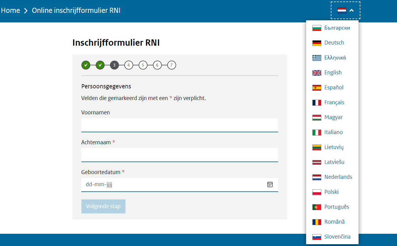 Een screenshot van het inschrijfformulier voor de RNI