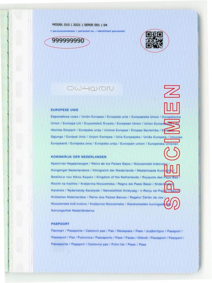 Achterkant houderpagina paspoort BSN 2021 of later
